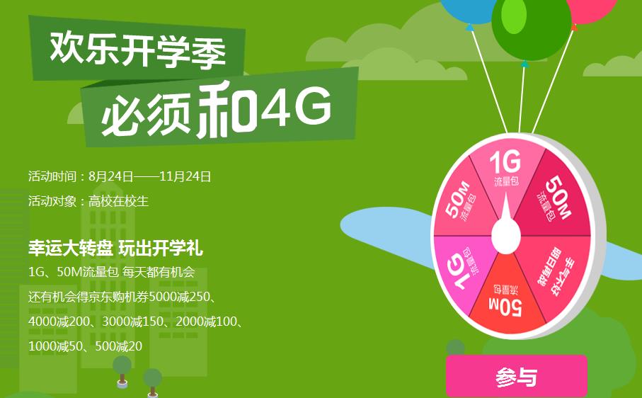 中国移动欢乐开学季幸运大转盘 4G用户50M流量包领取地址